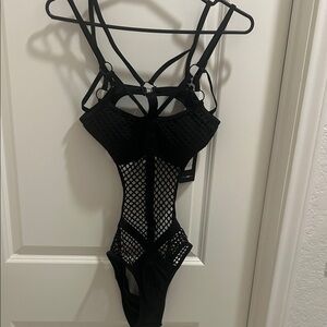 Fashion Nova Black Strappy Fishnet One-Piece Swimwear